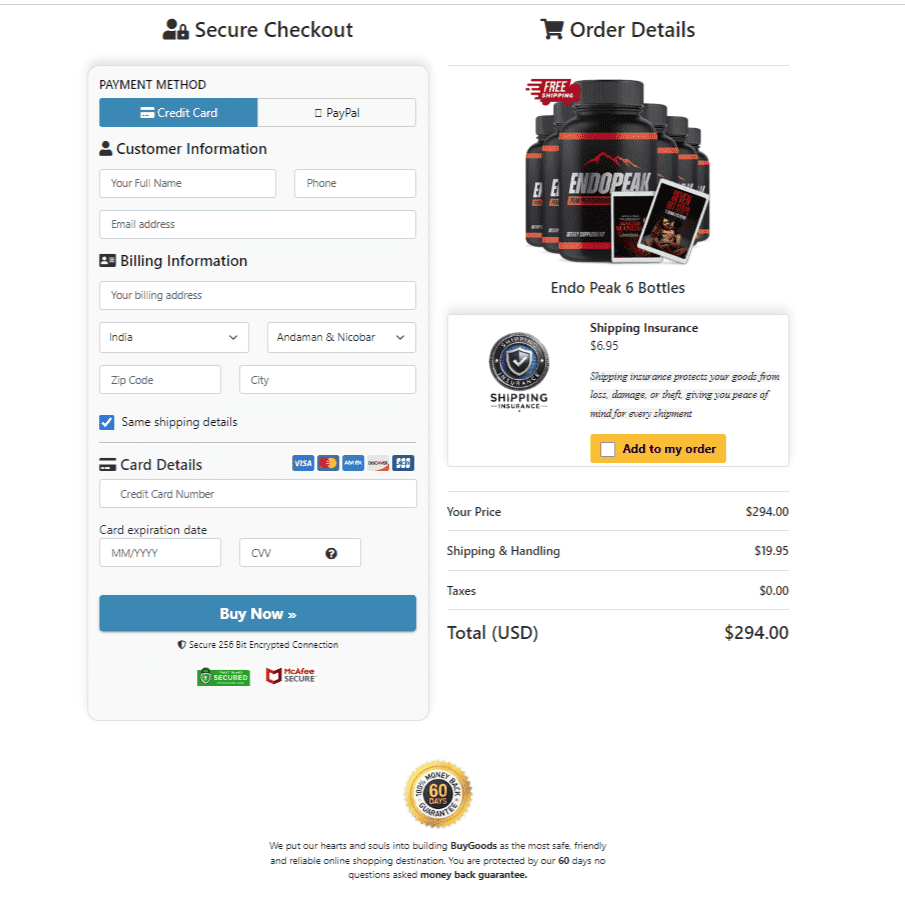 EndoPeak Order Page